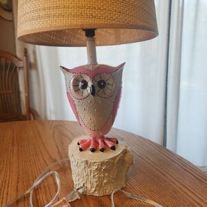 Owl Table Lamp with Pink and Beige Design
